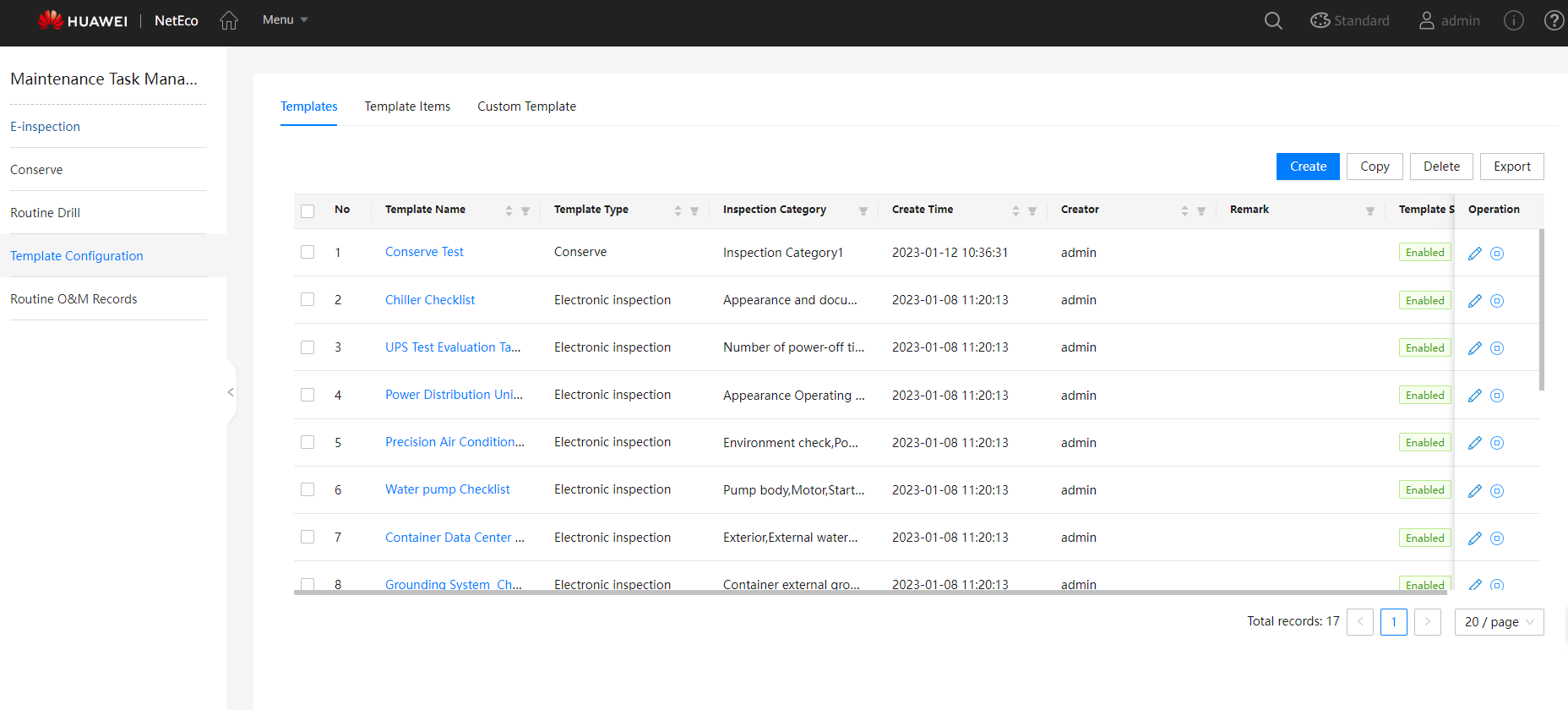 Maintenance template configuration
